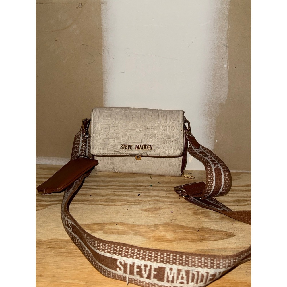 Steve Madden Crossbody Bag Cream Brown Logo Embossed Guitar Strap with‎ Pouch
